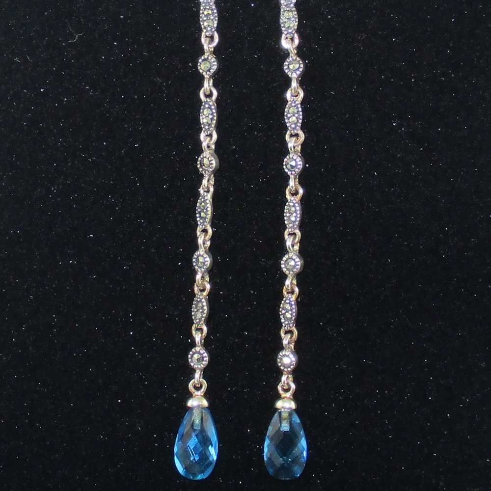 Blue Crystal & Marcasite Dangle Earrings - Picture 9 of 14